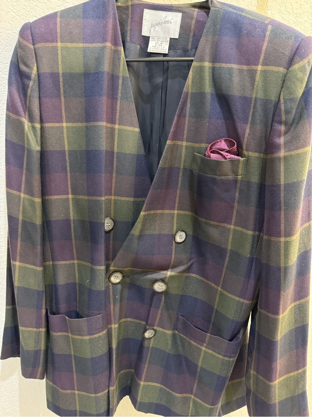 Jacqueline Ferrar Double-Breasted Plaid Blazer in Navy & Olive - Picture 2 of 5